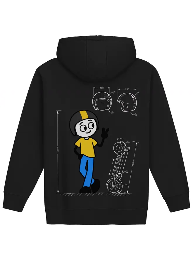 Black Spec Sheet hoodie, blueprint print on the back