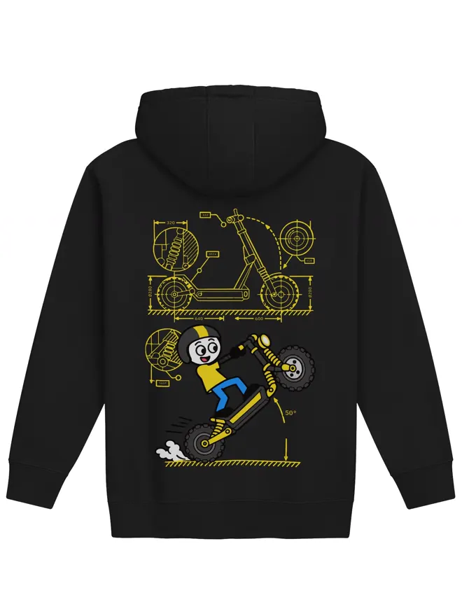 Black Wheelie hoodie, blueprint print on the back